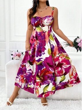 Shein - Vibrant Purple Floral Flowy Maxi Dress, NWOT (Size 1XL)